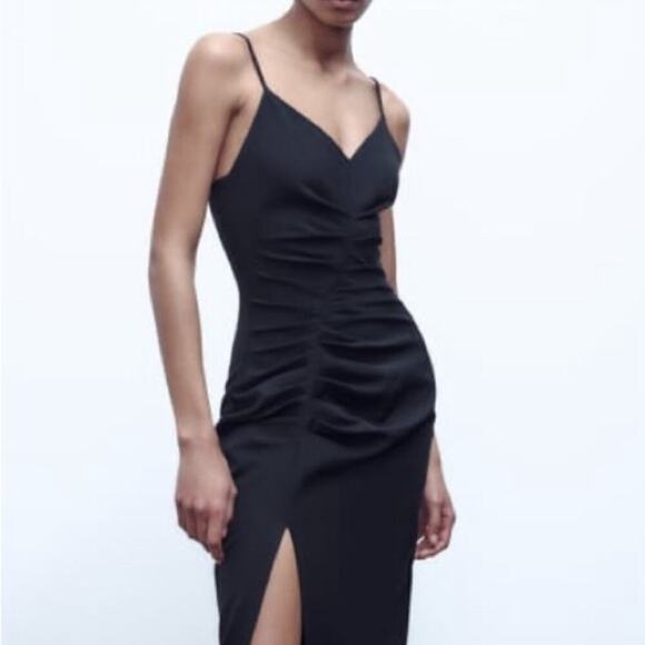 ZARA Black MIDI STRAPPY CAMISOLE DRESS GATHERING SLIT BLACK Size Small - Picture 4 of 9
